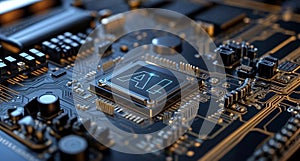 An electronic circuit board with a CPU chip word text AI Artificial intelligence