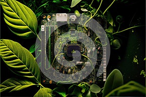Electronic circuit board with microchips and green leaves. Generative AI