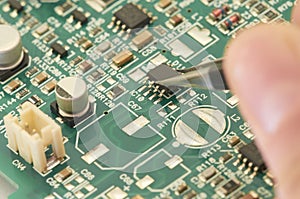 Electronic circuit board, PCB (Printed circuit board) with processor, microchips and glowing digital electronic signals