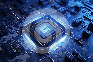 Electronic circuit board with processor. Circuit chip computer on motherboard. Generative ai