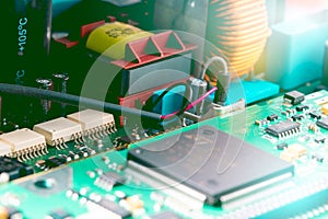 Electronic circuit board. Semiconductor motherboard circuit board technology. Mainboard of computer. Integrated semiconductor