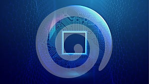 Electronic circuit board in sphere shield. Blue technology network vector illustration with hexagon wave. Network