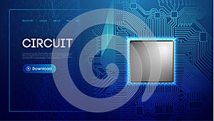 Electronic circuit board in sphere shield. Blue technology network vector illustration with hexagon wave. Network