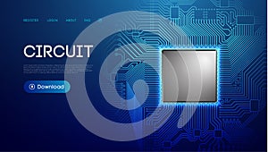 Electronic circuit board in sphere shield. Blue technology network vector illustration with hexagon wave. Network