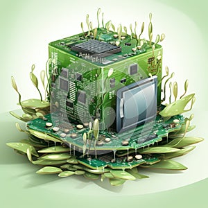 an electronic circuit board surrounded by grass and plants