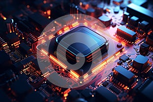 Electronic circuit board technology background. Central Computer Processors CPU and digital microchip on motherboard. Generative