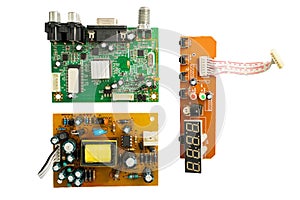 Electronic circuit and component board on white background, PCBA