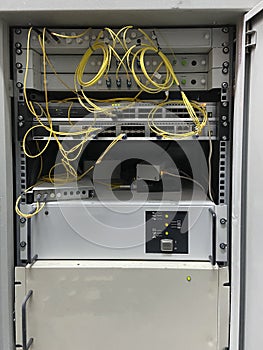 Electronic circuits. Wire date behind Industrial Electrical Concept control panel. Control panel with wires of an industrial plant