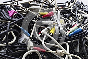Electronic components, audio-video cables, RCA plugs and USB connectors.