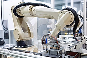 electronic components being installed on industrial robot arm