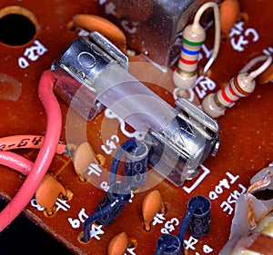 Electronic components on circuit board.