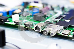 Electronic components. Focus in the Ethernet connector. Blur background. Electronic circuit board close up