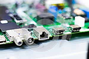 Electronic components. Focus in the Ethernet connector. Blur background. Electronic circuit board close up