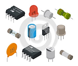 Electronic components icons. Isometric view