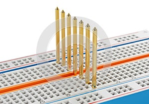Electronic components inserted into a breadboard for prototyping circuits