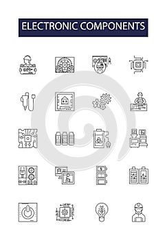 Electronic components line vector icons and signs. Resistors, Diodes, Capacitors, LEDs, Relays, Converters, Amplifiers