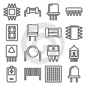 Electronic Components and Microchip Icons Set. Line Style Vector