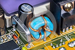 Electronic components on printed circuit board inside of computer hardware