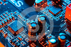 Electronic components on a printed circuit board. Resistor, inductor and capacitor on PCB. Concept Electrical engineering,