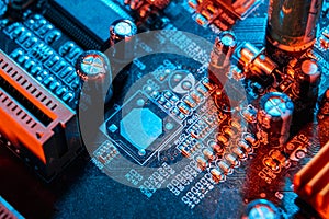 Electronic components on a printed circuit board. Resistor, inductor and capacitor on PCB. Concept Electrical engineering,