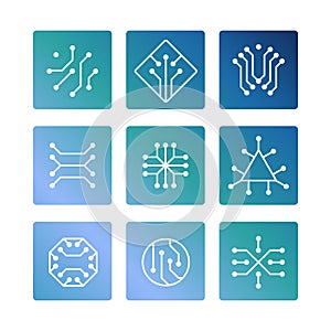 Electronic computer chip circuit and motherboard equipment icons set