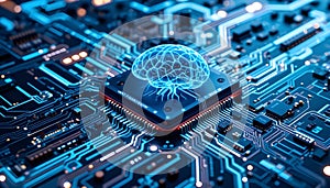 Electronic computer circuit board with processor and microchip components.