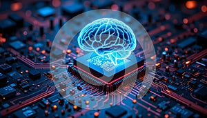 Electronic computer circuit board with processor and microchip components.