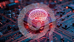 Electronic computer circuit board with processor and microchip components.