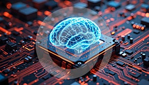Electronic computer circuit board with processor and microchip components.