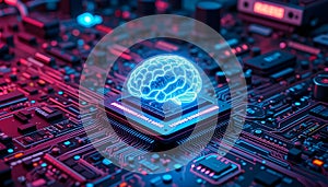 Electronic computer circuit board with processor and microchip components.