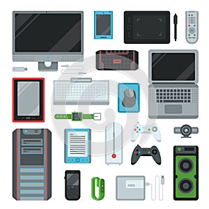 Electronic computer devices gadgets icons technology multimedia devices everyday objects control vector illustration.
