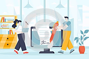 Electronic contract concept in flat design. Concluding deal, signing documents scene. Man and woman sign official paper at