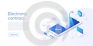 Electronic contract or digital signature concept in isometric vector illustration. Online document sign via smartphone or laptop.