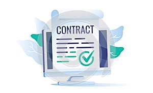 Electronic contract or digital signature concept in vector illustration. Online e-contract document sign via smartphone