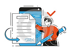 Electronic contract, digital signature, online document flow vector flat illustration