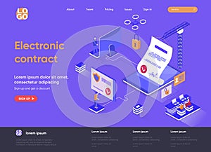 Electronic contract isometric landing page design. Online sign contract or documents technology isometry concept. Digital