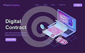 Electronic contract isometric web banner, e-signature on document at laptop screen digital signing service secured