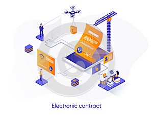 Electronic contract isometric web banner. Online sign contract or documents technology isometry concept. Digital signature