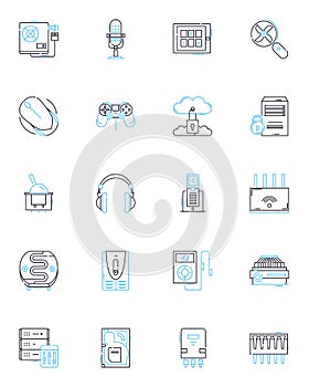 Electronic contraptions linear icons set. Gadgets, Devices, Electronics, Tech, Innovations, Appliances, Machines line
