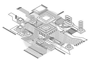 Electronic cpu digital chip monochrome. Abstract computer processor and electronic components on motherboard or circuit