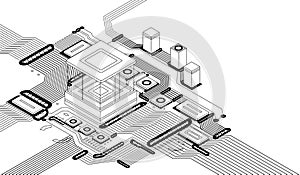 Electronic cpu digital chip monochrome. Processor and electronic components on motherboard or circuit board. Microchip