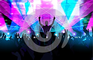 Electronic dance music festival with dancing people hands up