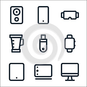 electronic and device line icons. linear set. quality vector line set such as monitor, drawing tablet, tablet, smartwatch, flash