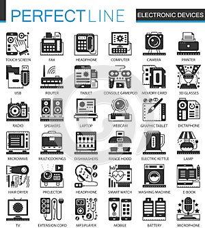 Electronic devices classic black mini concept symbols. Vector gadgets modern icon pictogram illustrations set.