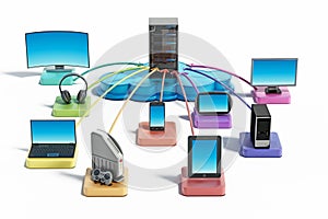 Electronic devices connected to the cloud network. 3D illustration