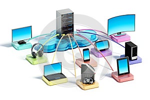 Electronic devices connected to the cloud network. 3D illustration