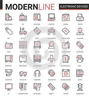 Electronic devices flat icon vector illustration set, computer accessories and kitchen appliances collection of outline