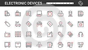 Electronic devices for home and office thin red and black line icons set, smart appliance