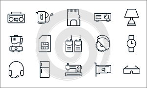 Electronic devices line icons. linear set. quality vector line set such as d glasses, sewing machine, earphone, card, fridge,