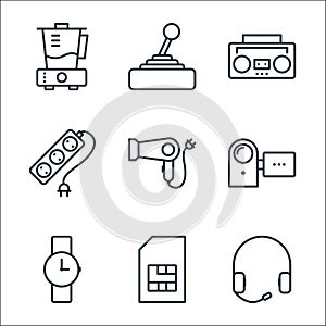 Electronic devices line icons. linear set. quality vector line set such as earphone, sim, watch, handy, hair dryer, extending